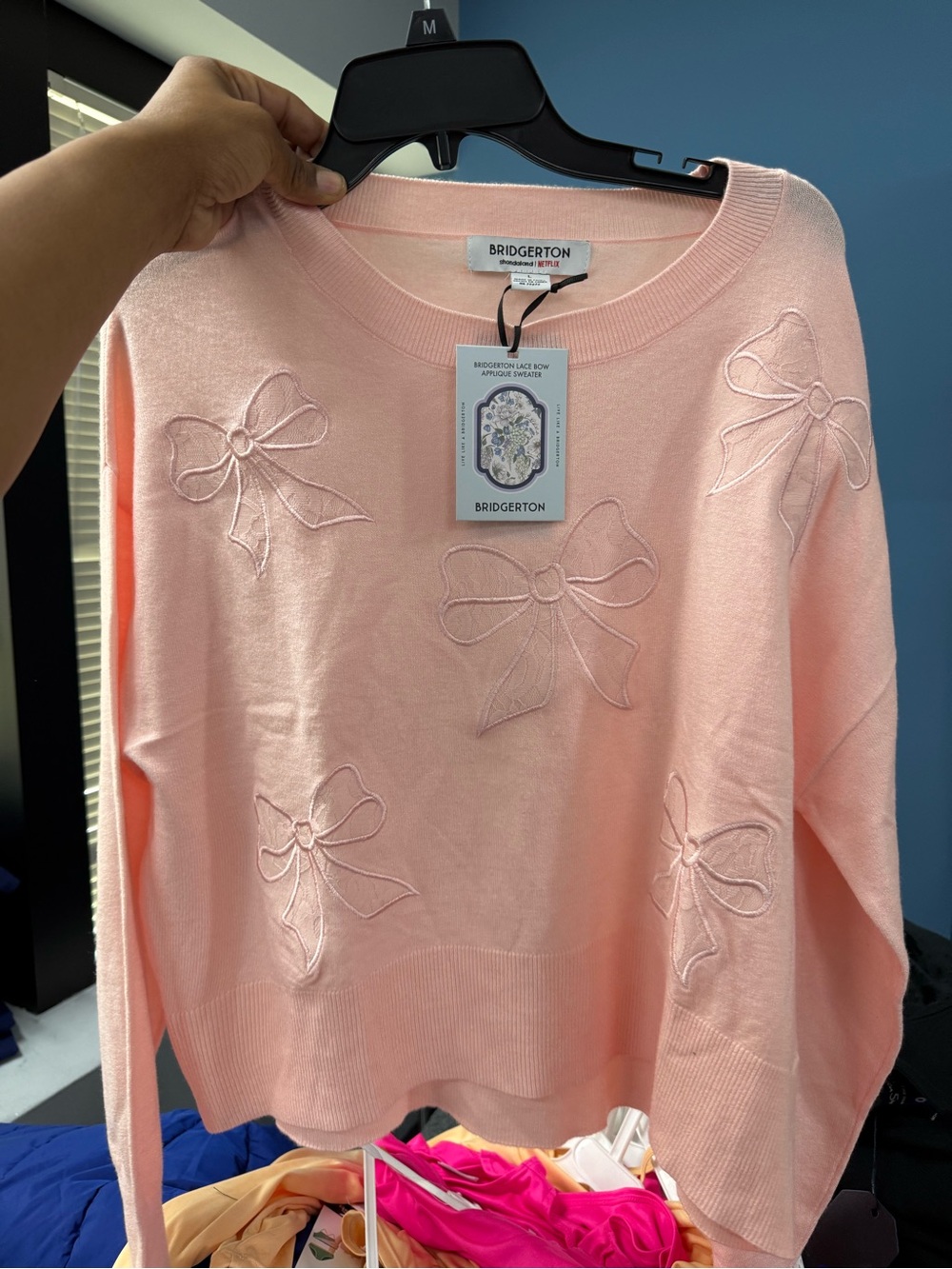 Bridgerton Pink Embroidered Bow Crewneck Sweater